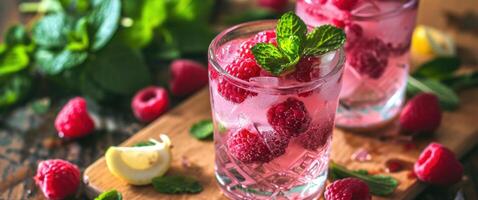 ai généré boisson avec framboise, menthe feuilles et citron, aux lignes épurées photo