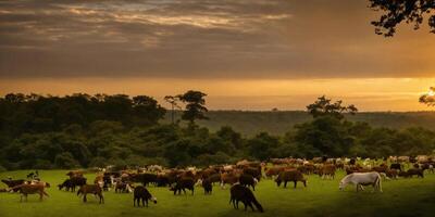 ai généré journée mondiale de la faune photo animal la nature non domestiqué dans herbeux savane à le coucher du soleil génératif ai