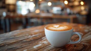 ai généré une tasse de cappuccino avec une cœur sur mousse des stands sur une en bois table contre le Contexte de une flou café magasin photo