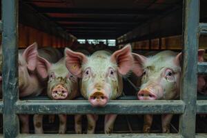 ai généré les cochons dans un camion transport de ferme à abattoir. Viande industrie. animal Viande marché. photo