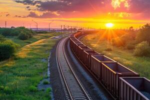 ai généré cargaison train à le coucher du soleil. international train transport photo