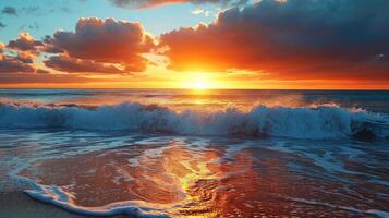ai généré magnifique océan et le coucher du soleil avec une vague rupture sur rive photo