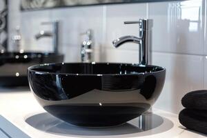 ai généré noir céramique rond évier et chrome robinets dans le salle de bains. minimaliste moderne salle de bains intérieur conception. photo