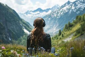ai généré retour vue femme dans écouteurs écoute la musique dans le montagnes. photo