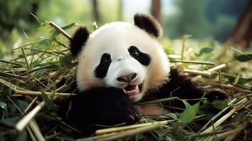 ai généré portrait de une géant Panda en mangeant bambou dans le forêt. photo