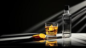 ai généré verre de whisky avec la glace cubes et tranche de Orange sur noir Contexte. rafraîchissant boisson concept. photo