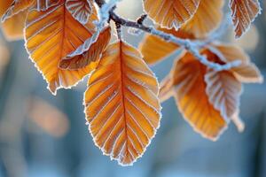 ai généré Orange hêtre feuilles couvert avec gel dans en retard tomber ou de bonne heure l'hiver. photo