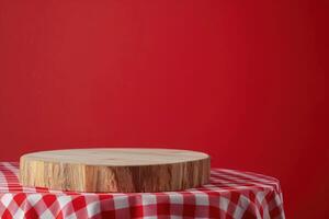 ai généré vide en bois podium avec nappe de table pour produit afficher plus de rouge Contexte. vacances moquer en haut pour conception et présentation photo