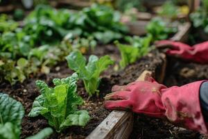 ai généré jardiniers mains plantation et cueillette légume de arrière-cour jardin. jardinier dans gants prépare le sol. photo