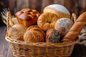 ai généré variété de boulangerie pain des produits dans panier. photo