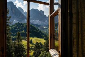 ai généré vue de le fenêtre de le magnifique Montagne paysage, le dolomites. photo