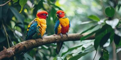 ai généré tropical des oiseaux séance sur une arbre branche dans le forêt tropicale photo