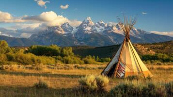 ai généré tipi avec montagnes dans Contexte. photo