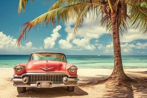 ai généré rouge vieux voiture garé sur une tropical plage photo