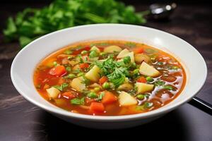 ai généré fait maison légume soupe sur blanc assiette photo