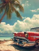 ai généré rouge vieux voiture garé sur une tropical plage photo