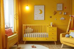 ai généré mignonne bébé pièce intérieur avec lit de bébé photo