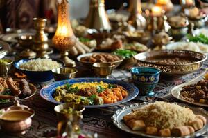 ai généré Ramadan kareem iftar fête table avec assorti de fête traditionnel arabe vaisselle photo