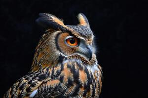 ai généré eurasien Aigle hibou isolé sur noir Contexte photo