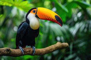 ai généré toucan séance sur une branche dans le forêt tropicale. génératif ai photo