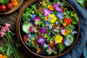 ai généré Frais salade de printemps des légumes décoré avec comestible fleurs photo