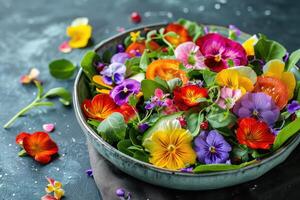 ai généré Frais salade de printemps des légumes décoré avec comestible fleurs photo