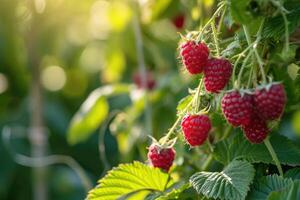 ai généré framboise récolte dans le jardin. photo