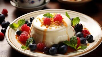 ai généré panna cotta avec caramel sauce et Frais baies sur une plaque. photo