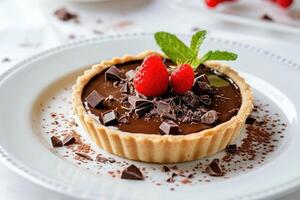 ai généré proche en haut de une Chocolat Tarte sur blanc assiette photo