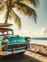 ai généré un vieux voiture garé sur une tropical plage avec une canoë sur le toit. photo