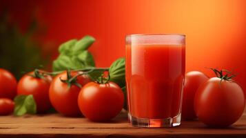 ai généré délicieux tomate jus dans une verre sur en bois table avec rouge arrière-plan, parfait pour texte placement photo