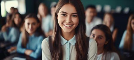 ai généré souriant femelle prof dans salle de cours avec élèves et copie espace pour texte placement photo