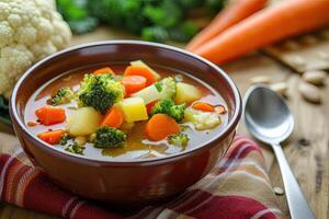 ai généré épicé légume soupe avec dans une bol. chou-fleur, brocoli, carottes. photo