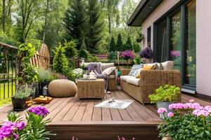 ai généré magnifique de moderne terrasse avec plate-forme sol et clôture, vert mis en pot fleurs les plantes et en plein air meubles. confortable relaxant zone à maison. photo