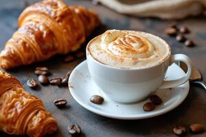 ai généré tasse de cappuccino et croissant pour petit déjeuner photo