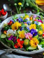 ai généré Frais salade de printemps des légumes décoré avec comestible fleurs photo