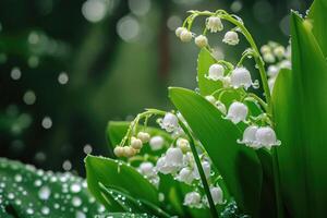 ai généré magnifique blanc fleurs lilly de le vallée dans pluvieux jardin. convallaria majalis des bois floraison plante. photo