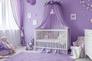 ai généré violet bébé pièce intérieur avec lit de bébé photo