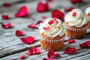 ai généré petit petits gâteaux avec cœurs et Rose pétales sur une en bois Contexte. la Saint-Valentin journée photo