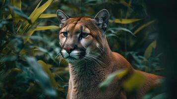 ai généré portrait de puma dans forêt. américain puma ou Montagne lion. photo