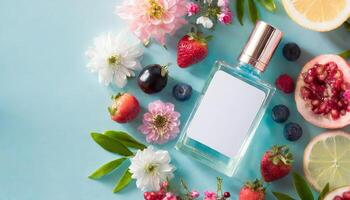 transparent parfum bouteille moquer en haut avec fleurs, baies, des fruits sur Contexte photo