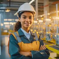 ai généré femelle facilité, hispanique femme ingénieur dans moderne technique usine, souriant sur caméra photo