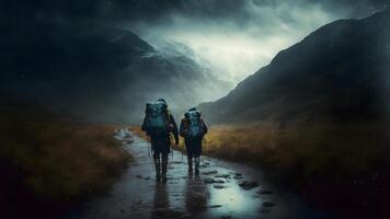 ai généré groupe de en marchant voyageurs dans scandinave montagnes à pluvieux brumeux jour, neural réseau généré art photo