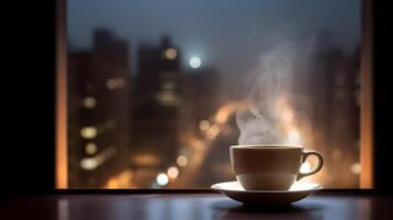 ai généré chaud café tasse sur rebord de fenêtre avec floue nuit ville dans le arrière-plan, neural réseau généré image photo