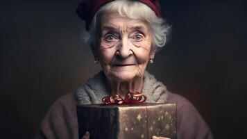 ai généré souriant vieux Dame avec Noël cadeau portraitait, neural réseau généré art photo