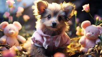 ai généré mignonne peu chihuahua chiot dans rose robe avec fleurs. photo