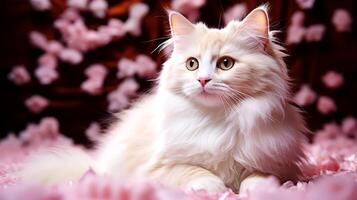 ai généré mignonne chat sur fleurs Contexte. duveteux animal de compagnie dans fleurs. photo