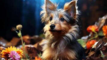 ai généré portrait de une mignonne Yorkshire terrier sur une Contexte de l'automne feuilles. photo