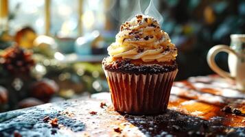 ai généré petit gâteau avec crème et tasse de café sur le en bois tableau. photo