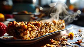 ai généré en bonne santé petit déjeuner avec avoine granola et baies. photo